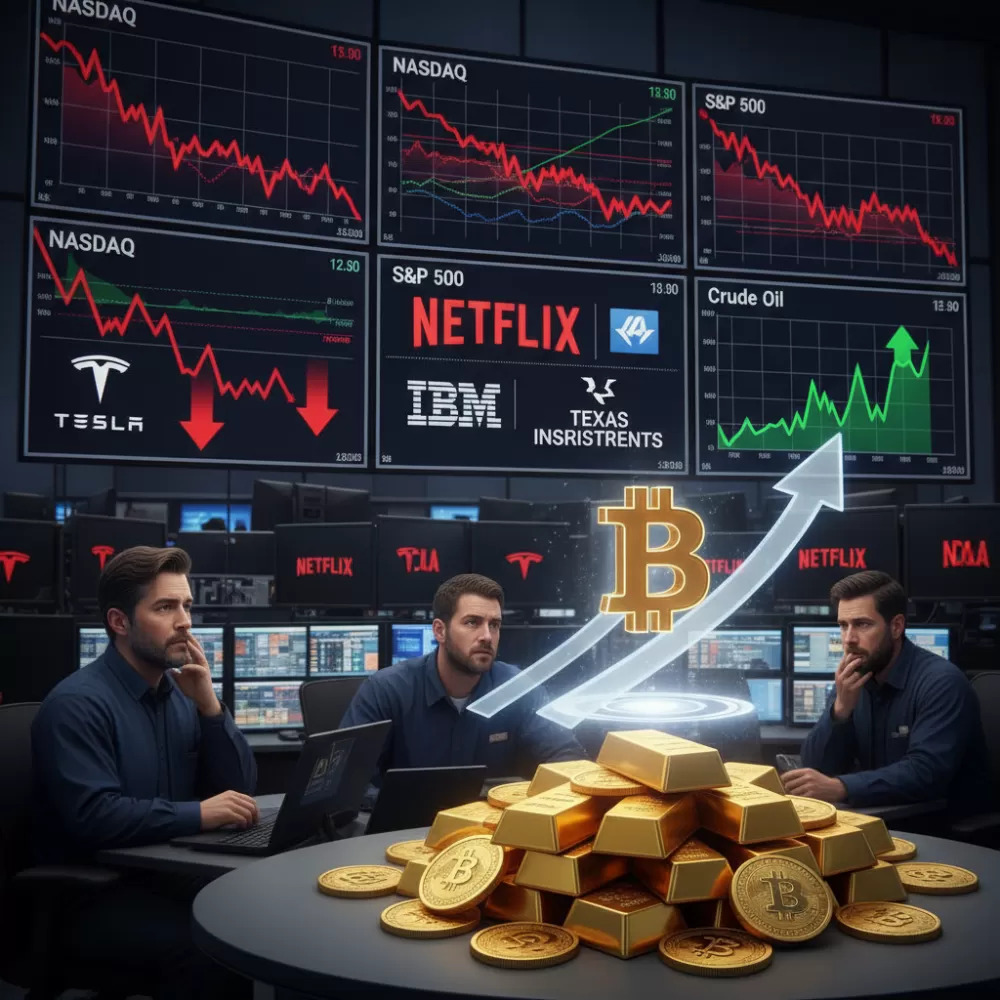 Ações EUA caem após resultados mistos; tecnologia e semicondutores recuam,  petróleo dispara e Bitcoin reage em